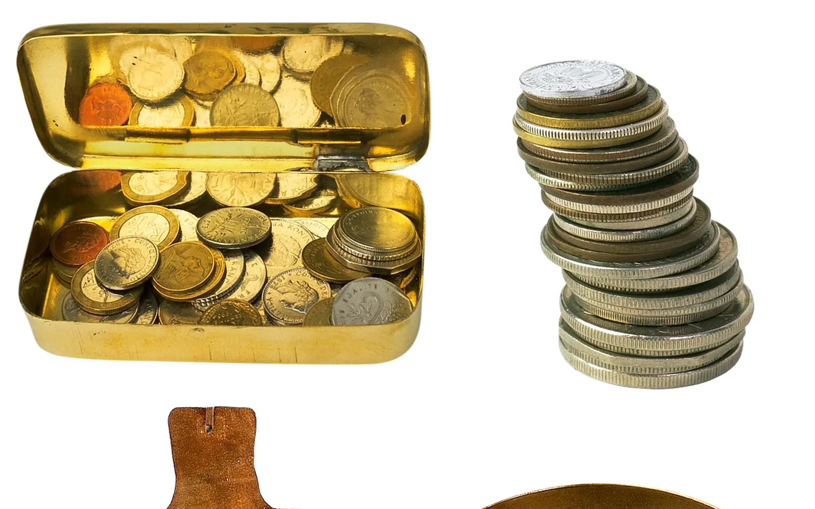 Coins, handful and wallet